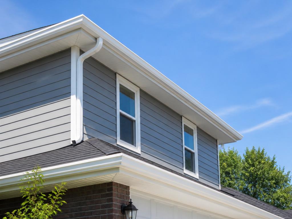 New seamless white aluminum gutters and downspout installed along a home roofline in Elmhurst, Illinois